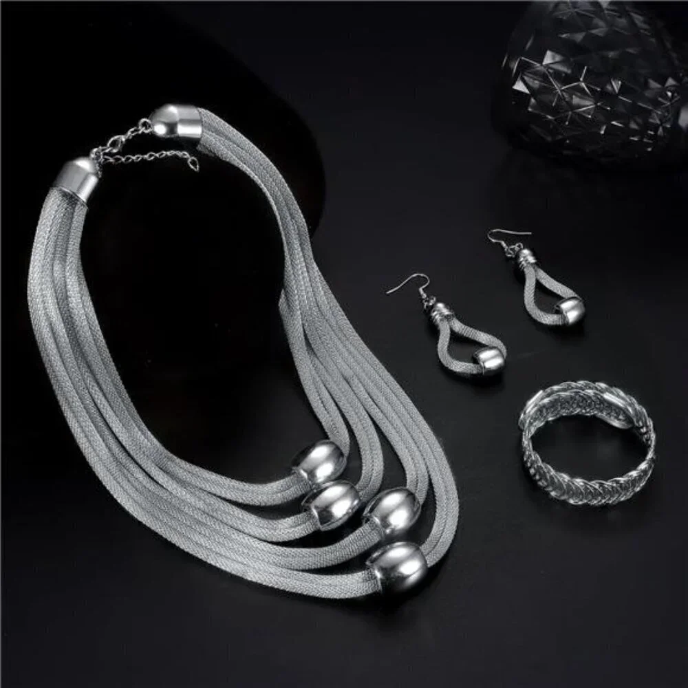 3Pcs Multi-Layer Bib Necklace African Jewelry Set for Women Choker Necklace